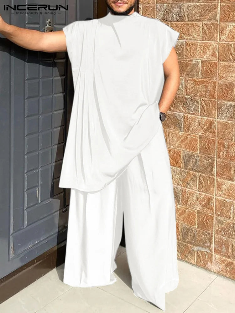 INCERUN Men Sets Muslim Clothing 2023 O-neck Short Sleeve T Shirt & Wide Leg Pants Two Pieces Solid Baggy Men Casual Suits 7