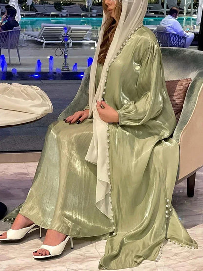 2 Piece Silk Satin Kimono Abaya Under Dress Morocco Muslim Sets Abayas for Women Dubai Arabic Cardigan Kaftan Robe Islam outfits