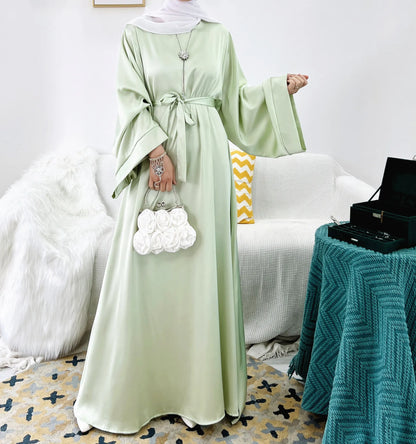 Plain Satin Abaya Dress for Muslim Women, Side Pockets Wide Sleeves, Dubai Turkish Hijabi Islamic Clothing, Modest Robe, Ramadan