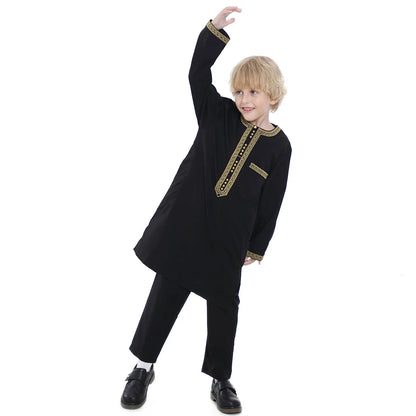 2025 Muslim Children Robe 2pc Set Long Sleeve Embroidery Dress Shirt+Pants Boys Fashion Abaya Kaftan Thobe Kids Islamic Clothing