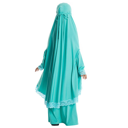 2Pcs Traditional Muslim Kids Girls Abaya Eid Hooded Overhead Hijab Burqa Maxi Skirt Sets Turkey Dubai Kaftan Prayer Garment Gown