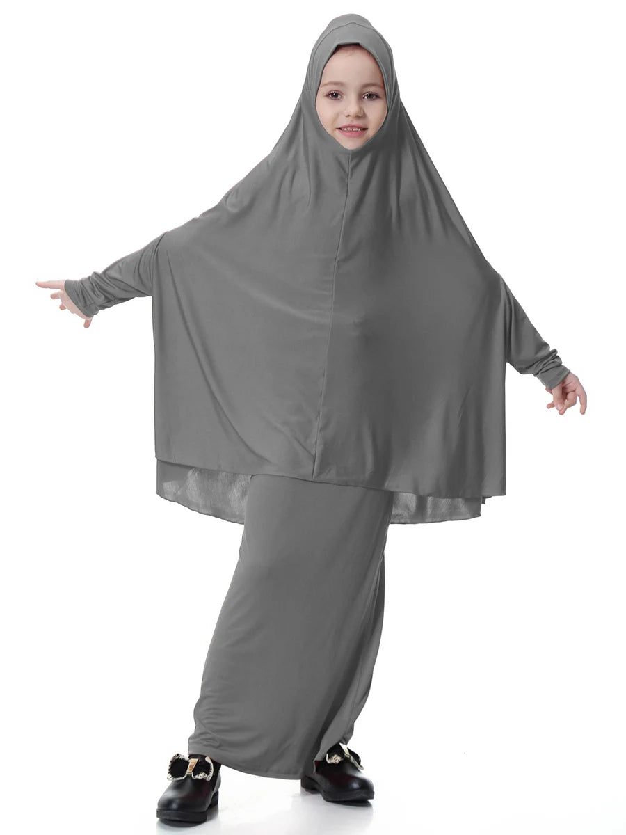 2pcs Set Abaya Muslim Kids Girls Gowns Long Overhead Hijab Maxi Dress Islamic Prayer Garment Clothing Set Turkey Khimar Ramadan