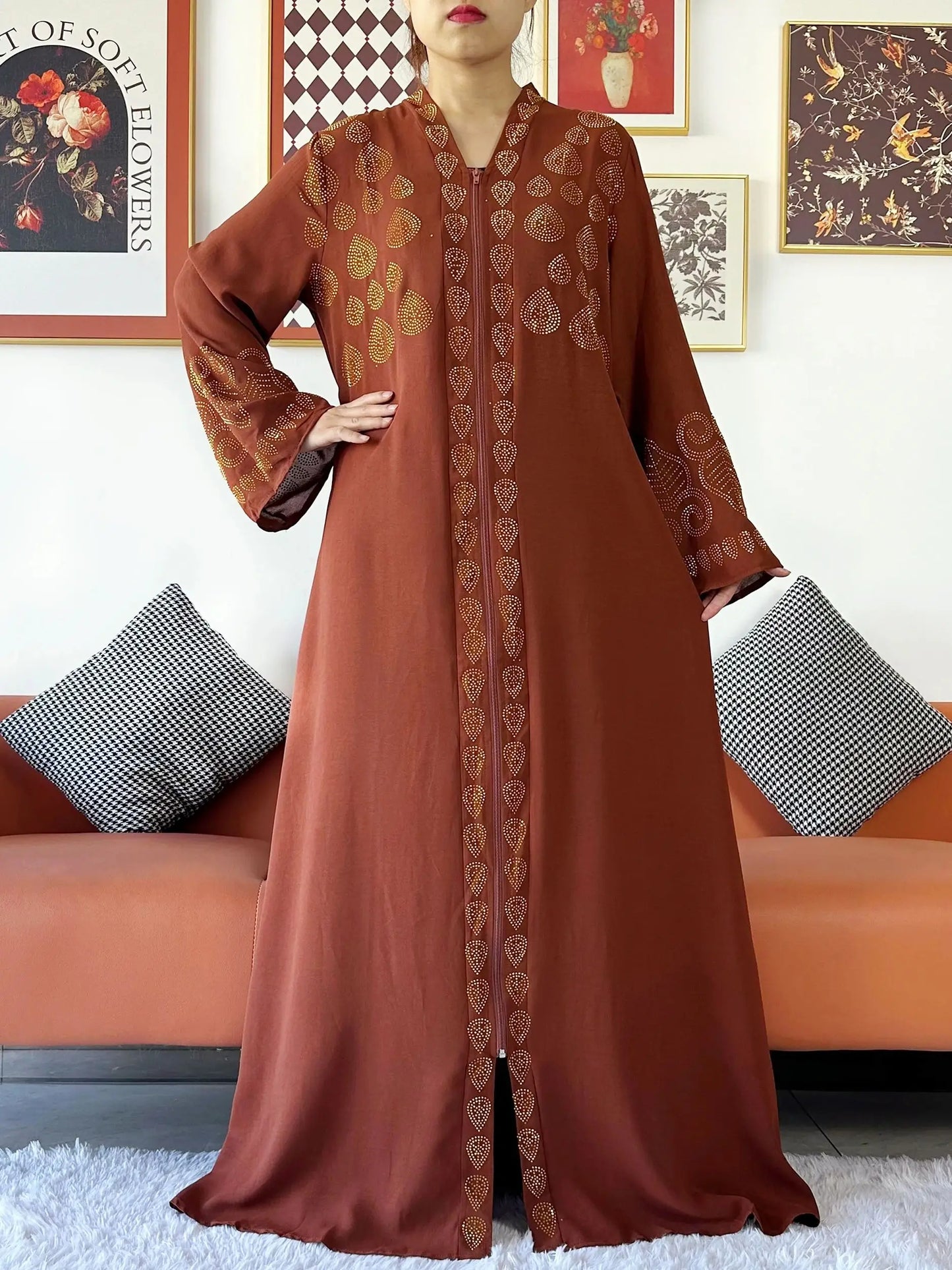 2024 Women Party Dress Chiffon Open Abaya Golden Stones Muslim Women Dress Islamic Clothing Cardigan Abaya Women Muslim Dress