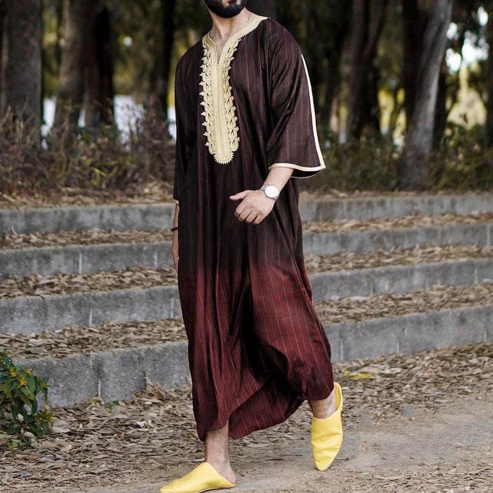 Mens Muslim Stripe Jubba Kaftan Dishdash Thobe Saudi Arab Muslim Clothing Long Sleeve Maxi Robe New Caftan Dubai Robe A50
