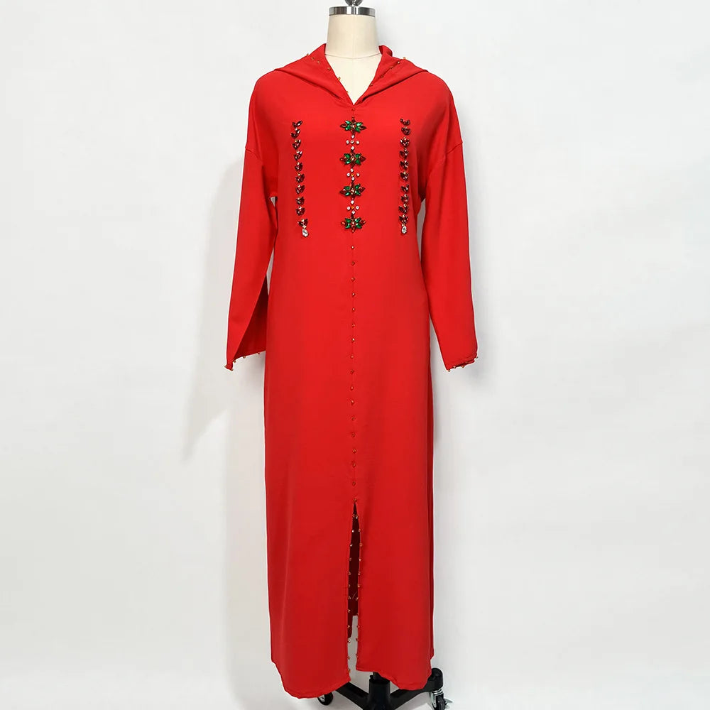 Abaya Muslim Maxi Long Sleeve Dress With Cap Women Diamond Arab Dubai Islamic Clothing Autumn New Loose Casual Turkey Robe