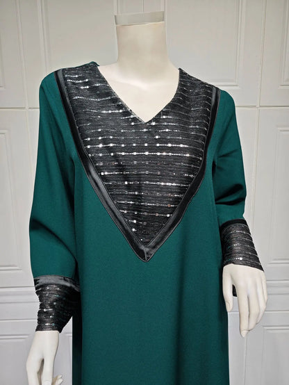 Sequins Abaya Dubai Luxury High Class Dark Green Chiffon Kaftan Party Ladies Long Sleeves Muslim Girl Dress