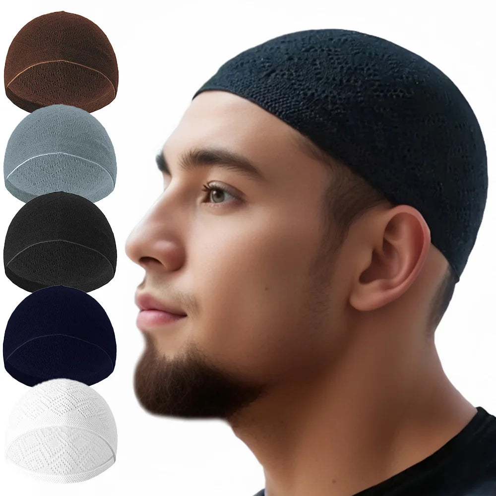 Islamic Clothing Mesh Muslim Hat for Prayer Jewish Winter for Men Hui Worship Kufi Knitted Cap Solid Color Saudi Arabic