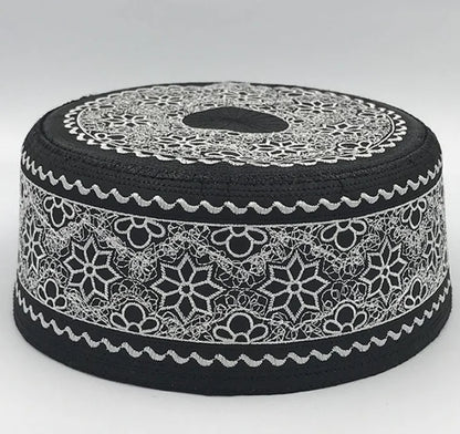 Tax Products Turkey Muslim Men clothing Saudi Prayer Hat Black with White Embroidery Yarmulke Flat Top Hats Jewish Islamic Caps