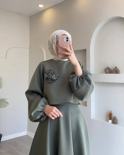 2  Piece Muslim Sets Women Middle East Dubai Flower Lantern Sleeve Tops Skirts Set Dress Kimono Kaftan 2pc Ramadan Islam Clothes