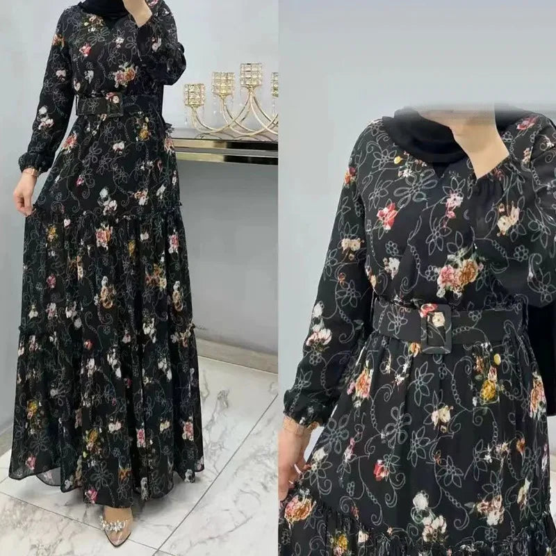 Eid Morocco Dress Women Muslim Abaya Jalabiya Turtleneck Floral Print Belted Dubai Kaftan Robe Vestidos Ramadan Abayas Dresses