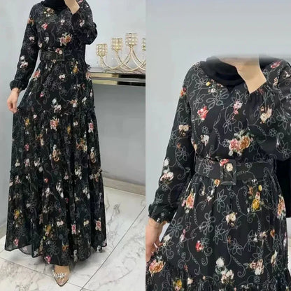 Eid Morocco Dress Women Muslim Abaya Jalabiya Turtleneck Floral Print Belted Dubai Kaftan Robe Vestidos Ramadan Abayas Dresses