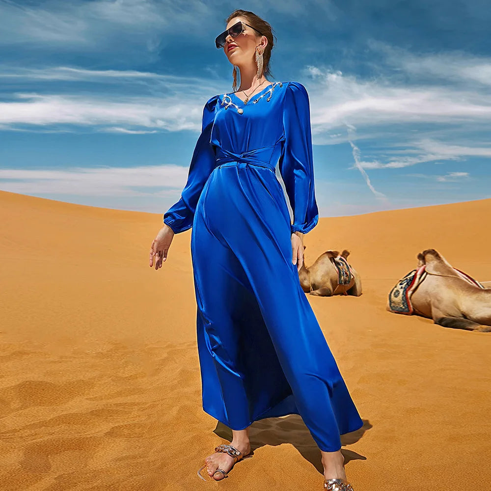 Abaya Muslim Maxi Long Sleeve Dress With Cap Women Diamond Arab Dubai Islamic Clothing Autumn New Loose Casual Turkey Robe