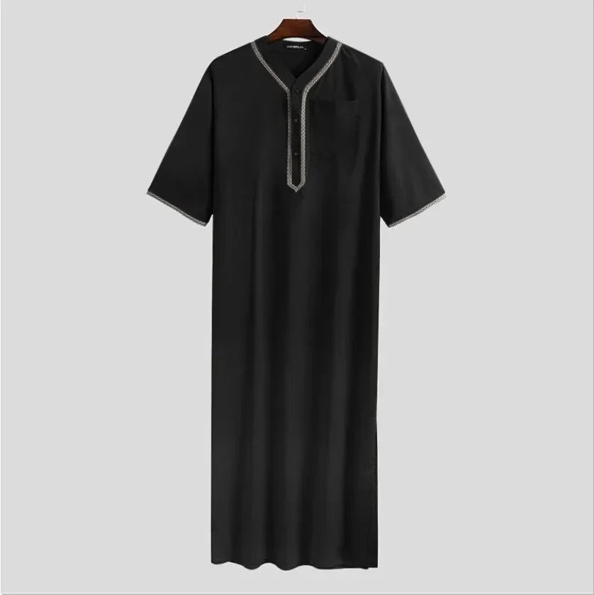 New 2025 Men Islamic Arabic Kaftan Vintage Solid Short Sleeve Loose Retro Robes Abaya Dubai Middle East Muslim Clothing S-5XL