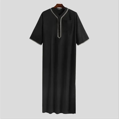 New 2025 Men Islamic Arabic Kaftan Vintage Solid Short Sleeve Loose Retro Robes Abaya Dubai Middle East Muslim Clothing S-5XL