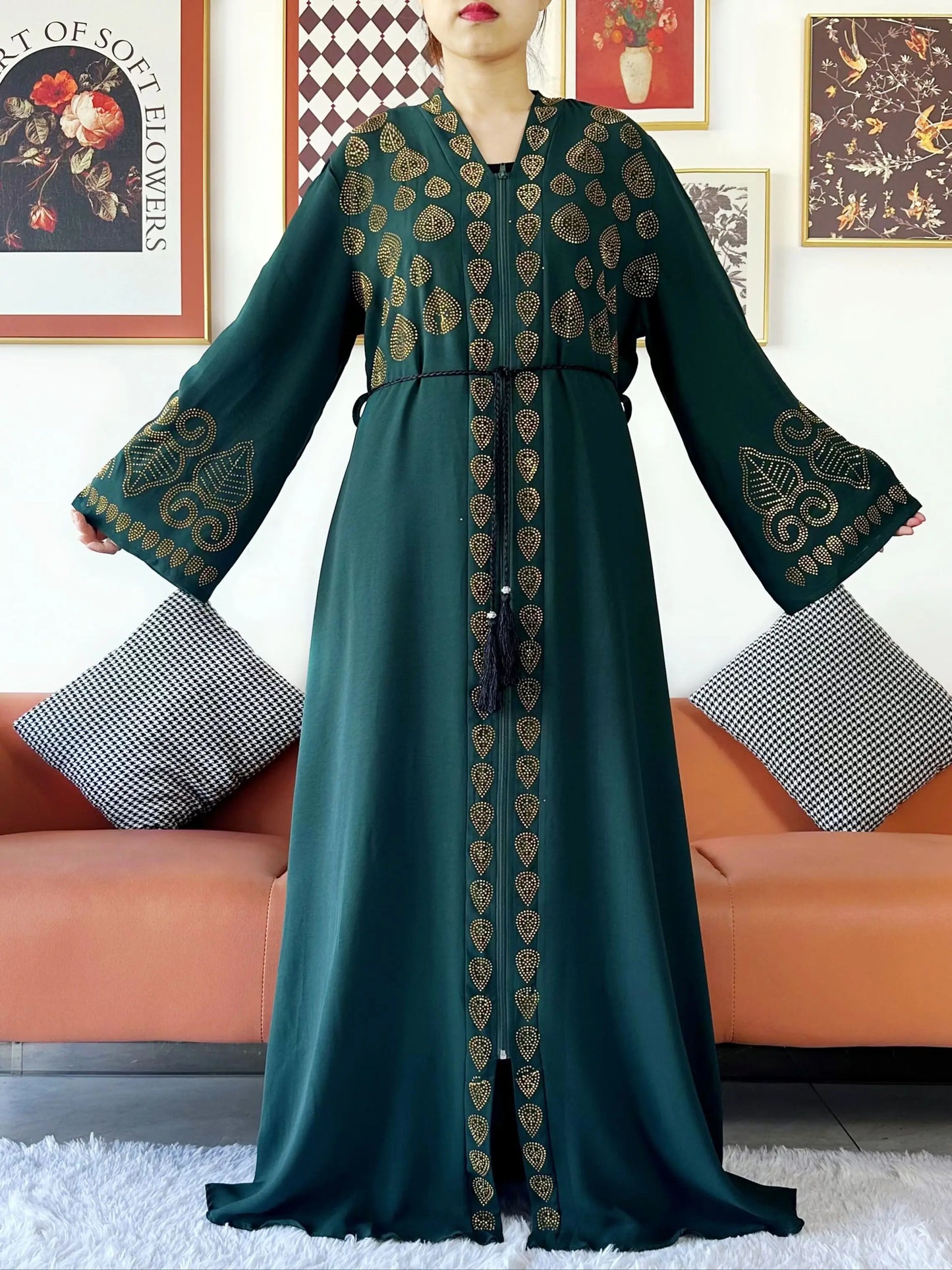 2024 Women Party Dress Chiffon Open Abaya Golden Stones Muslim Women Dress Islamic Clothing Cardigan Abaya Women Muslim Dress