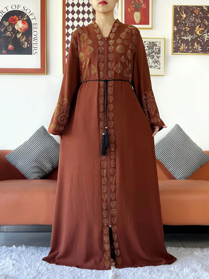 2024 Women Party Dress Chiffon Open Abaya Golden Stones Muslim Women Dress Islamic Clothing Cardigan Abaya Women Muslim Dress