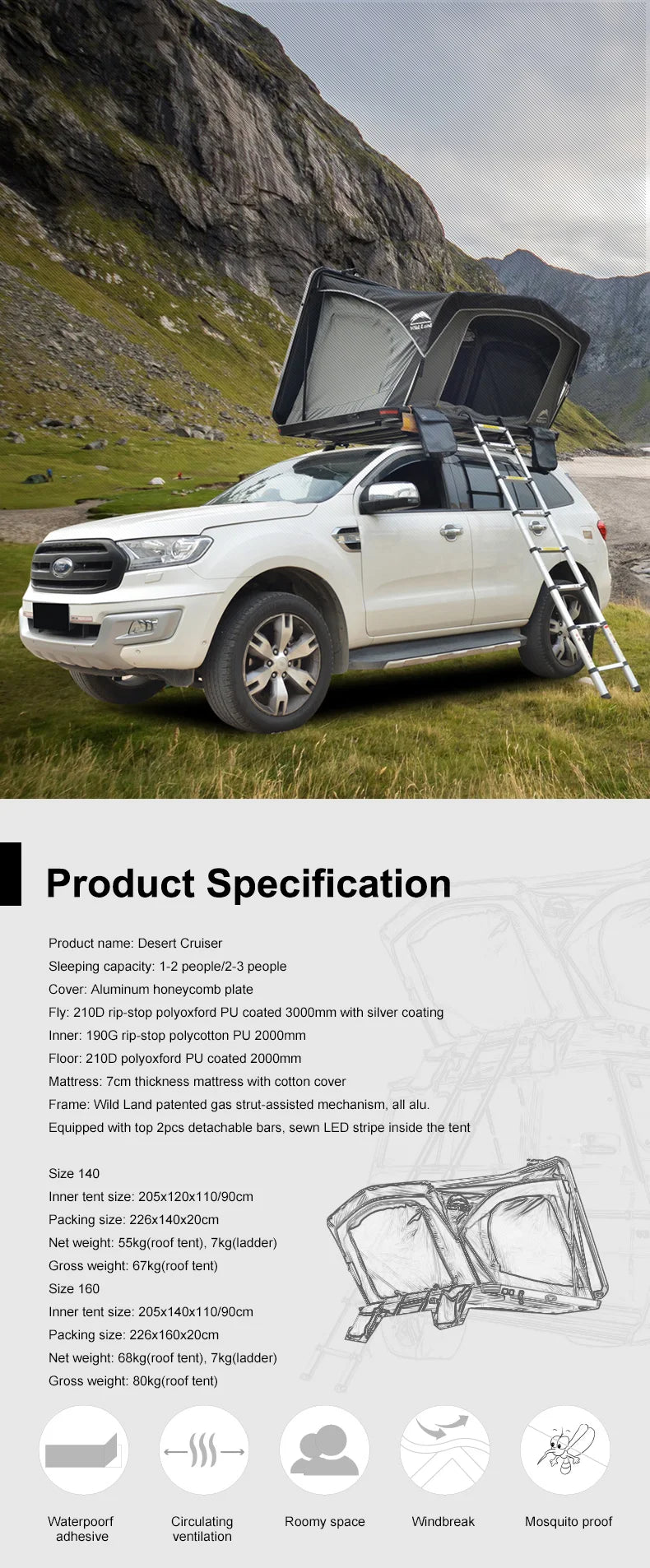 Wild Land Desert Cruiser Car Roof Top tent Hard Shell 4WD roof tent waterproof quick set up off road tent