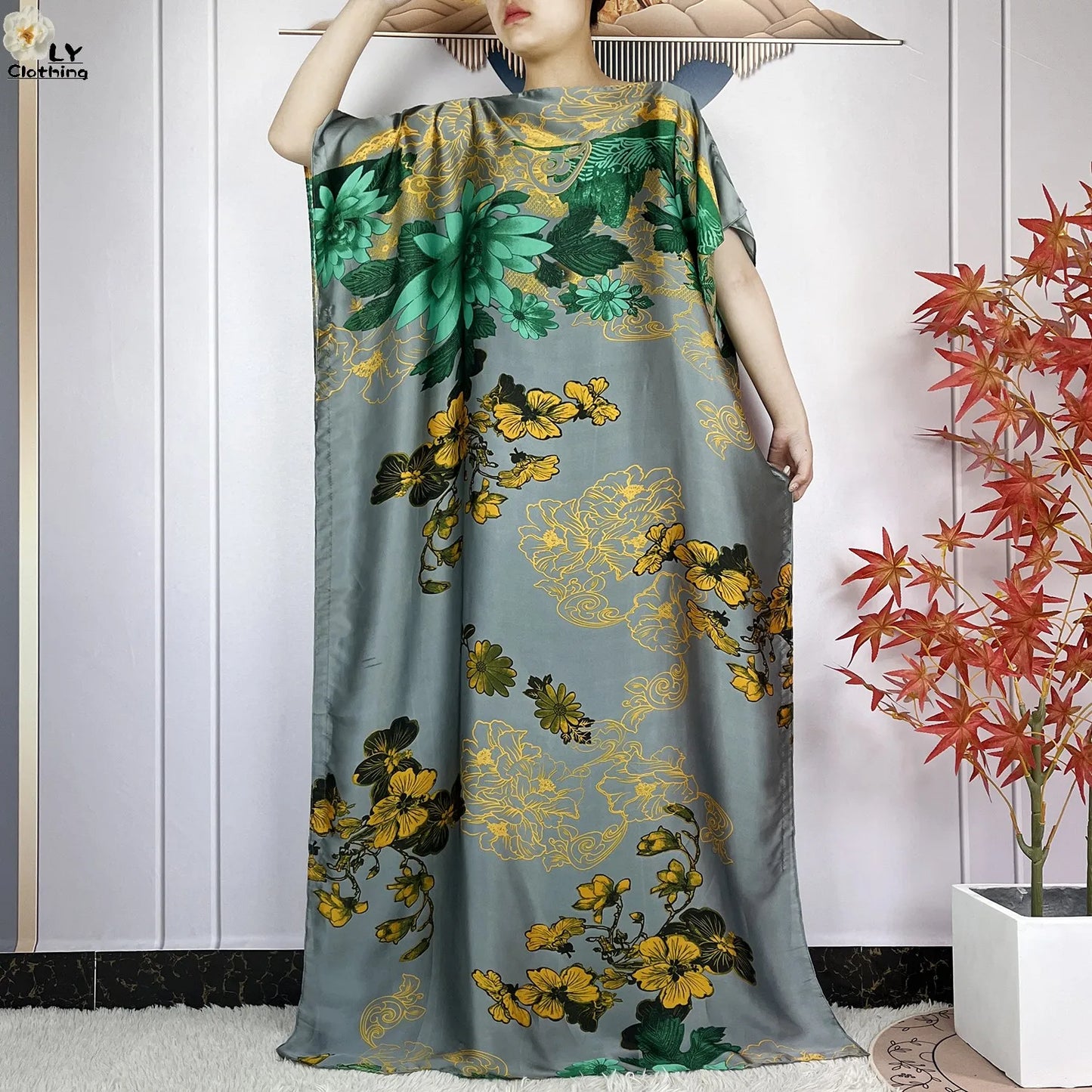 Muslim Abayas For Women 2023 New Fashion Printed Silk Soft Loose Femme Elegant Robe African Maxi Party Dresses With Belt Turban