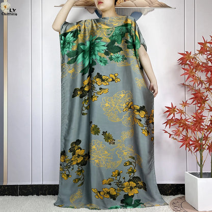 Muslim Abayas For Women 2023 New Fashion Printed Silk Soft Loose Femme Elegant Robe African Maxi Party Dresses With Belt Turban