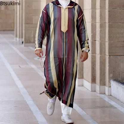 New 2025 Islamic Clothing Men Robe Kaftan Muslim Man Moroccan Casual Long Dress Arabic Striped Robe Middle East National Costume