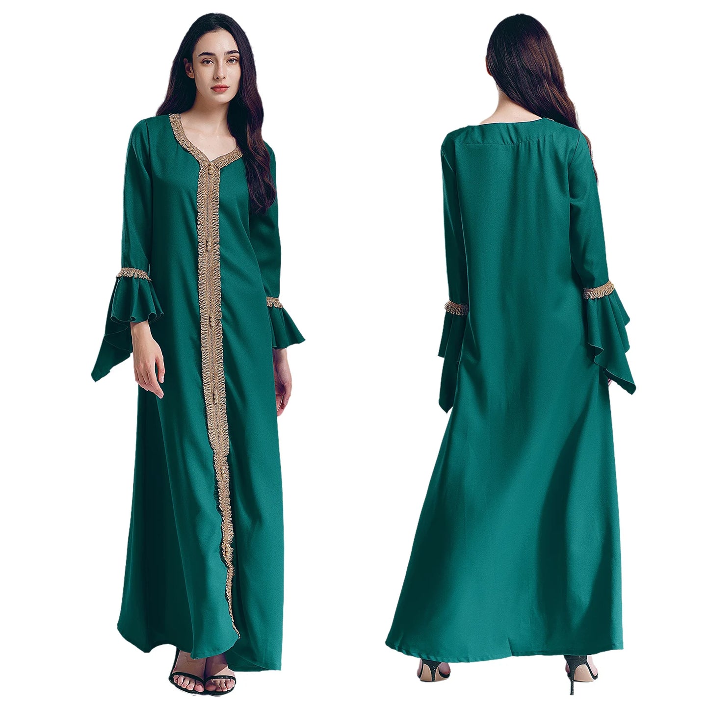 Elegant Womens Muslim Abaya Floor Length Robe V Neck Flared Sleeve Dress Halloween Witch Masquerade Gown Role Play Theme Party