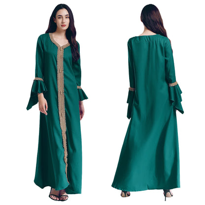 Elegant Womens Muslim Abaya Floor Length Robe V Neck Flared Sleeve Dress Halloween Witch Masquerade Gown Role Play Theme Party