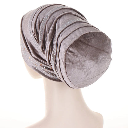 Glitter Diamonds Pleated Turban Cap Women Soft Velvet Head Wraps Caps Muslim Headscarf Bonnet Female Beanie Pullover Cap