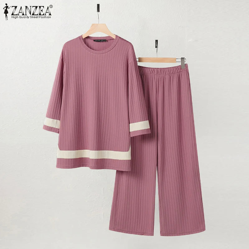 2024 ZANZEA Women Vintage Muslim Sets 2PCS Summer Islamic Clothing Eid Mubarek Ramadan Outifits Patchwork Blouse Trousers Suits