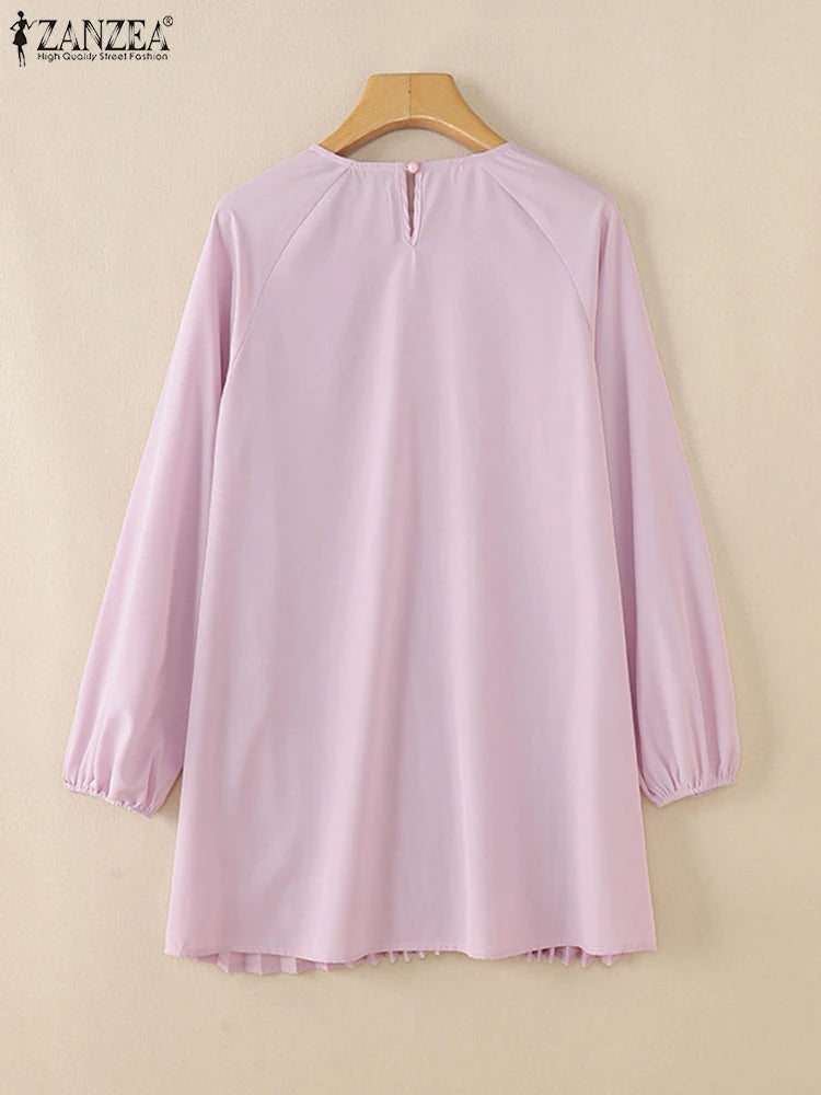 Fashion Women Long Sleeve Pleated Tops ZANZEA Autumn Muslim Blouse Long Shirt Ramadan Abaya Turkey Kaftan Solid IsIamic Clothing