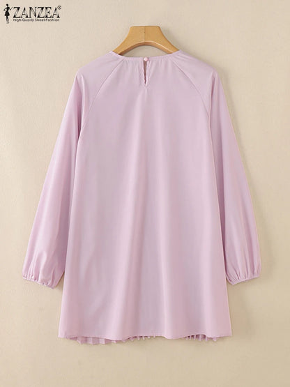 Fashion Women Long Sleeve Pleated Tops ZANZEA Autumn Muslim Blouse Long Shirt Ramadan Abaya Turkey Kaftan Solid IsIamic Clothing