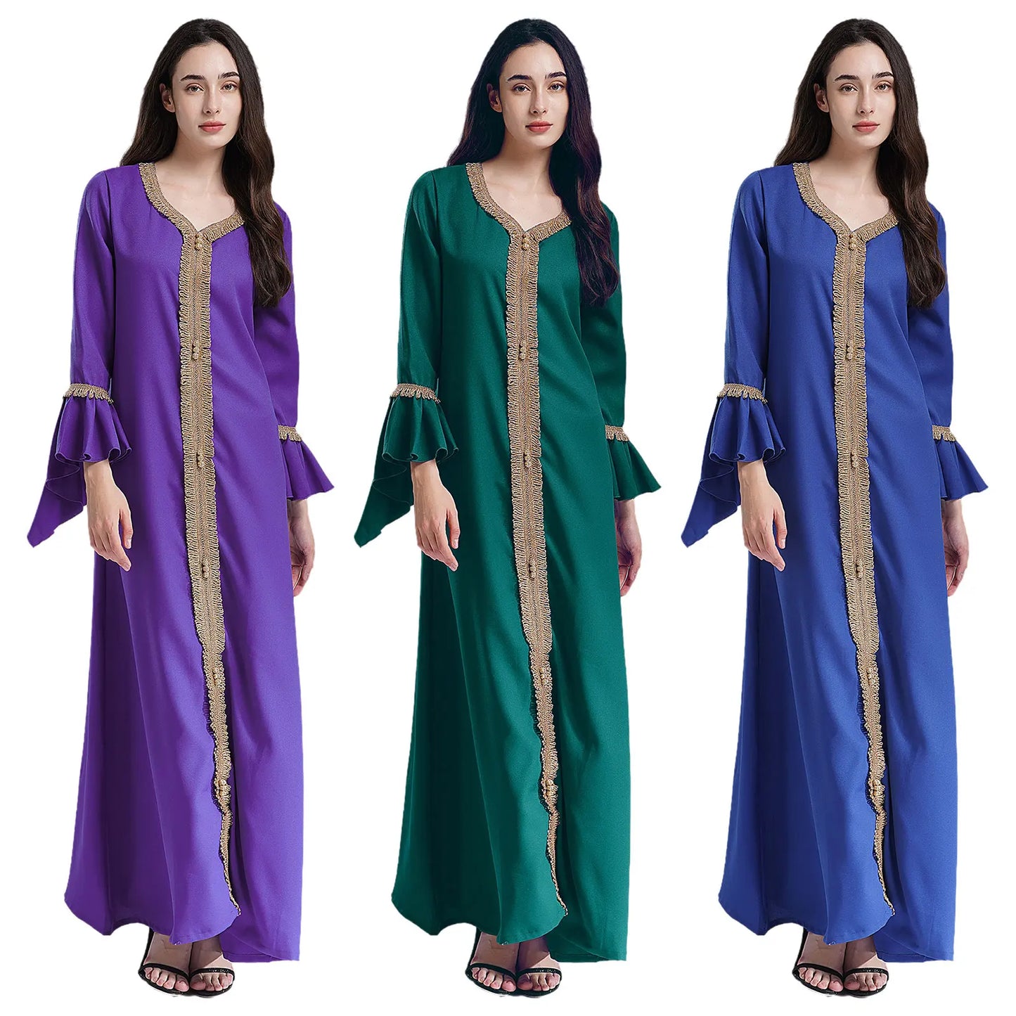 Elegant Womens Muslim Abaya Floor Length Robe V Neck Flared Sleeve Dress Halloween Witch Masquerade Gown Role Play Theme Party