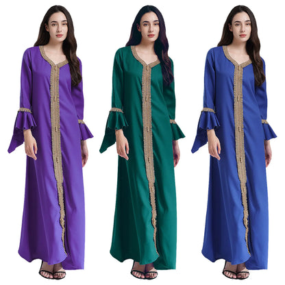 Elegant Womens Muslim Abaya Floor Length Robe V Neck Flared Sleeve Dress Halloween Witch Masquerade Gown Role Play Theme Party