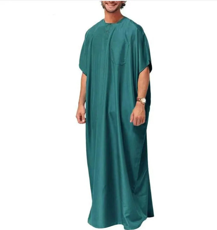 New 2025 Men Islamic Arabic Kaftan Vintage Solid Short Sleeve Loose Retro Robes Abaya Dubai Middle East Muslim Clothing S-5XL