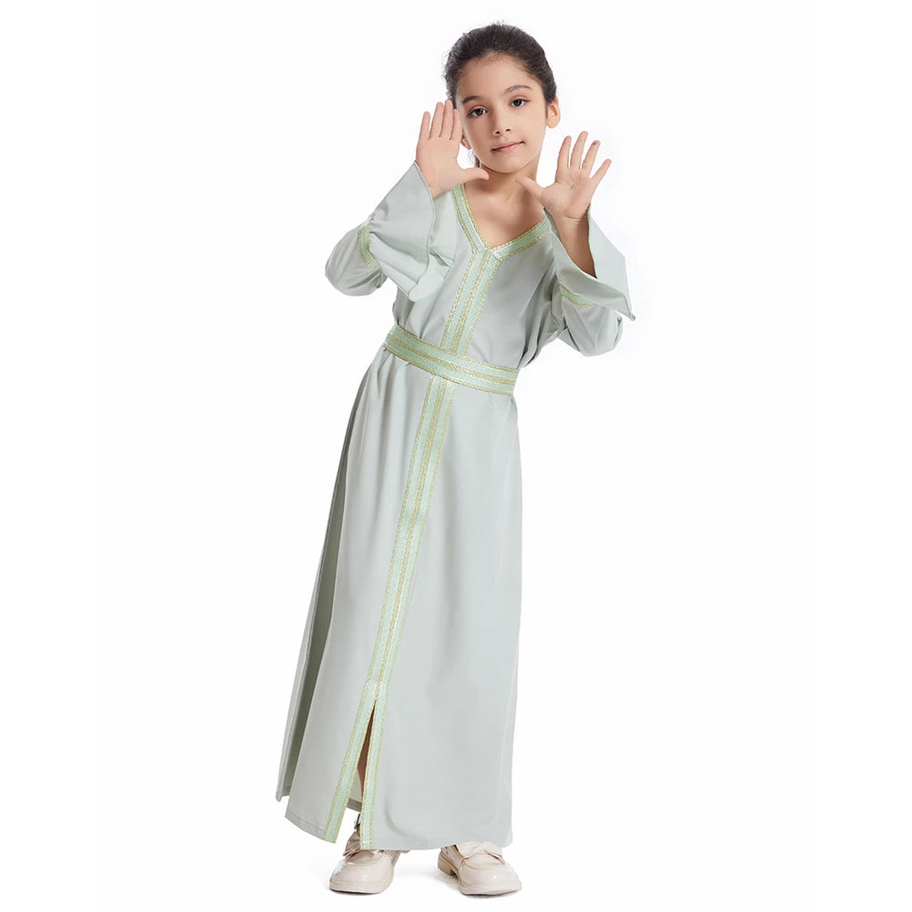 Kids Muslim Girls Abaya Prayer Long Maxi Dress Turkey Kaftan Arab Robe Dubai Islam Morocco Eid Party Ramadan Holiday Gown Caftan