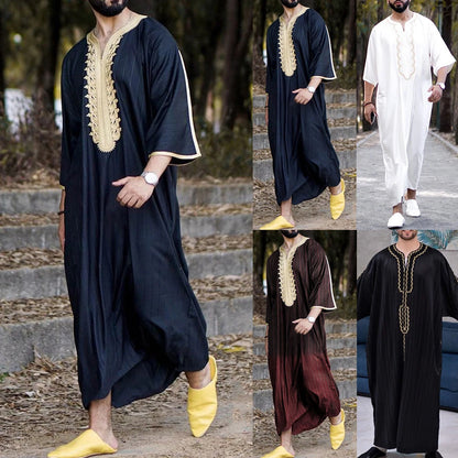 Mens Muslim Stripe Jubba Kaftan Dishdash Thobe Saudi Arab Muslim Clothing Long Sleeve Maxi Robe New Caftan Dubai Robe A50