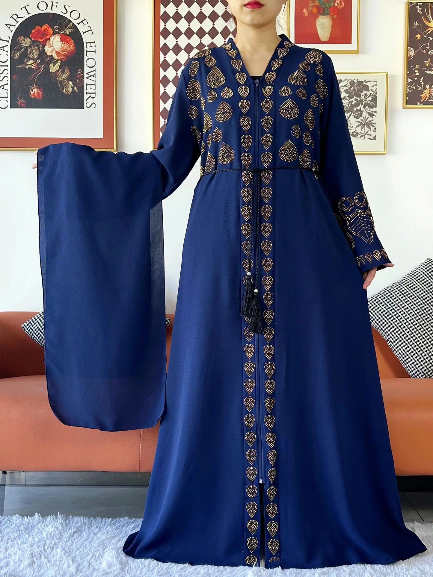2024 Women Party Dress Chiffon Open Abaya Golden Stones Muslim Women Dress Islamic Clothing Cardigan Abaya Women Muslim Dress