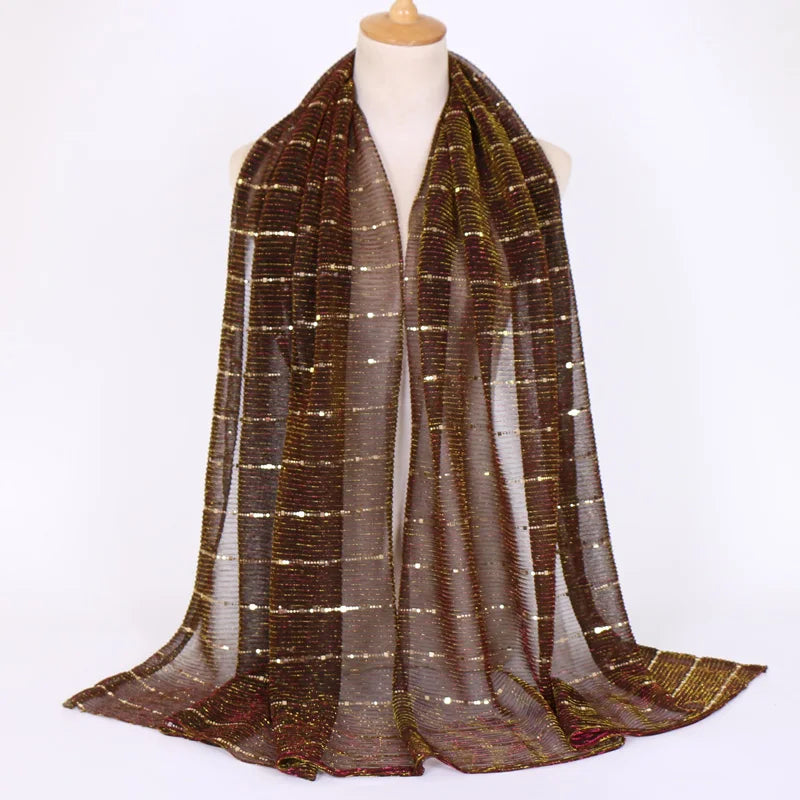 Glitter Women Gold Silk With Pearls Muslim Hijab Shawls And Wraps Islamic Turban Female Foulard Soft Thin Hijabs Head Scarf