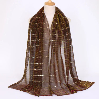 Glitter Women Gold Silk With Pearls Muslim Hijab Shawls And Wraps Islamic Turban Female Foulard Soft Thin Hijabs Head Scarf