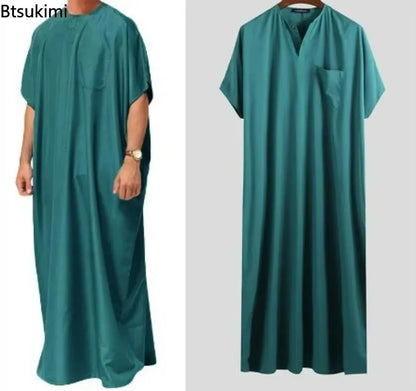 New 2025 Men Islamic Arabic Kaftan Vintage Solid Short Sleeve Loose Retro Robes Abaya Dubai Middle East Muslim Clothing S-5XL