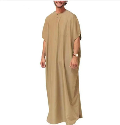 New 2025 Men Islamic Arabic Kaftan Vintage Solid Short Sleeve Loose Retro Robes Abaya Dubai Middle East Muslim Clothing S-5XL
