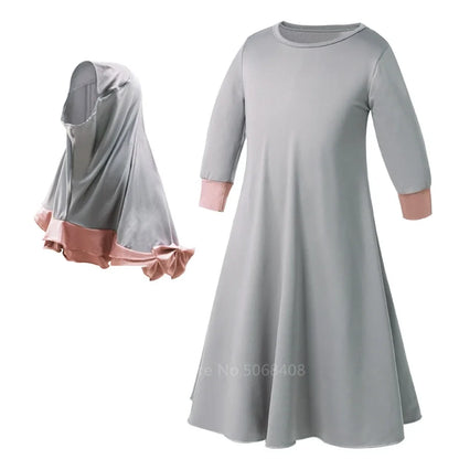 Muslim traditional clothing Islamic robe kids baby girls richer Saudi Arab Dubai solid abaya kaftan with ruffle bow hijab dress
