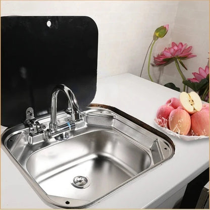 Caravan Camping Stainless Steel Hand Wash Basin Sink with Tempered Glass Lid Camper Accessories RV Stainless Steel Covered Sink