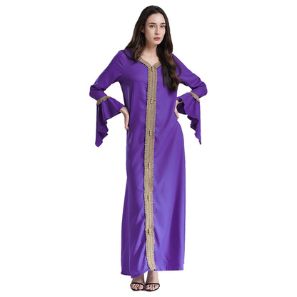 Elegant Womens Muslim Abaya Floor Length Robe V Neck Flared Sleeve Dress Halloween Witch Masquerade Gown Role Play Theme Party