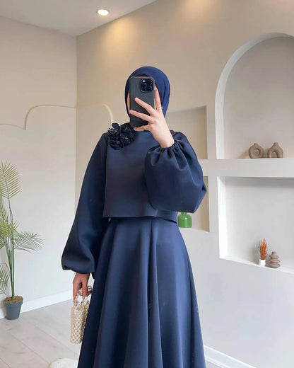 2  Piece Muslim Sets Women Middle East Dubai Flower Lantern Sleeve Tops Skirts Set Dress Kimono Kaftan 2pc Ramadan Islam Clothes
