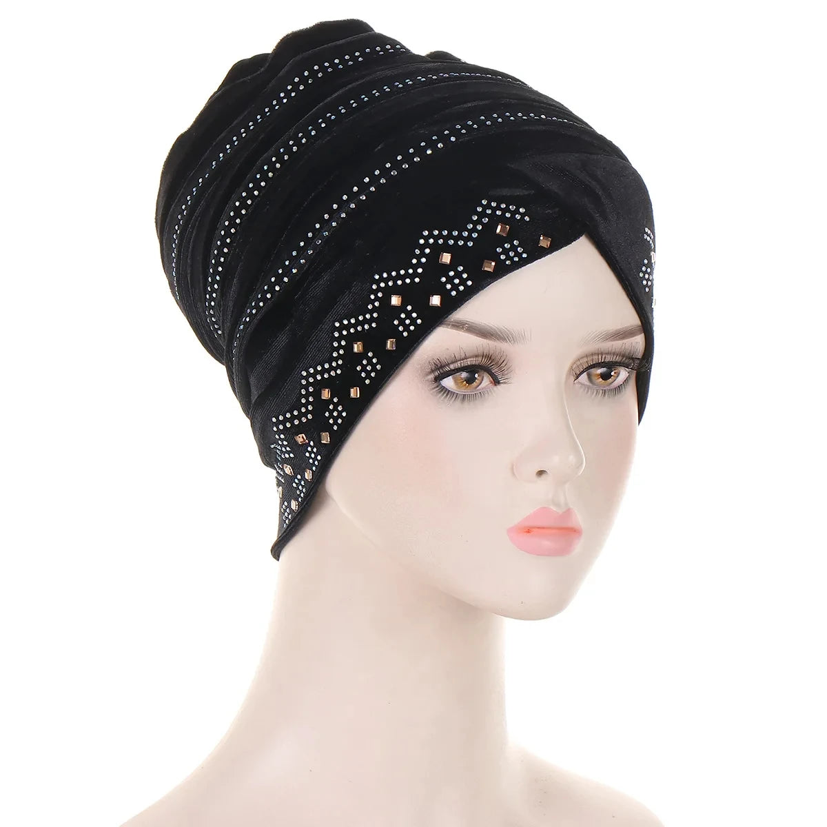 Glitter Diamonds Pleated Turban Cap Women Soft Velvet Head Wraps Caps Muslim Headscarf Bonnet Female Beanie Pullover Cap