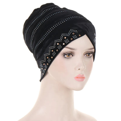 Glitter Diamonds Pleated Turban Cap Women Soft Velvet Head Wraps Caps Muslim Headscarf Bonnet Female Beanie Pullover Cap