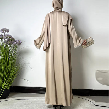Diamonds Decorations High Quality Shiny Satin Abaya Set for Women, Sleeveless Dress, Satin Shawl Scarf, Muslim Outfit, Ramadan