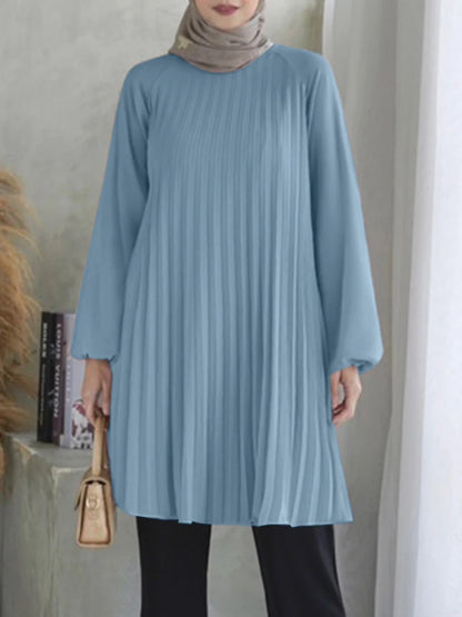 Fashion Women Long Sleeve Pleated Tops ZANZEA Autumn Muslim Blouse Long Shirt Ramadan Abaya Turkey Kaftan Solid IsIamic Clothing