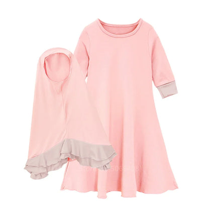 Muslim traditional clothing Islamic robe kids baby girls richer Saudi Arab Dubai solid abaya kaftan with ruffle bow hijab dress