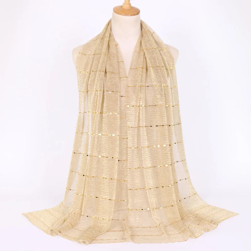 Glitter Women Gold Silk With Pearls Muslim Hijab Shawls And Wraps Islamic Turban Female Foulard Soft Thin Hijabs Head Scarf